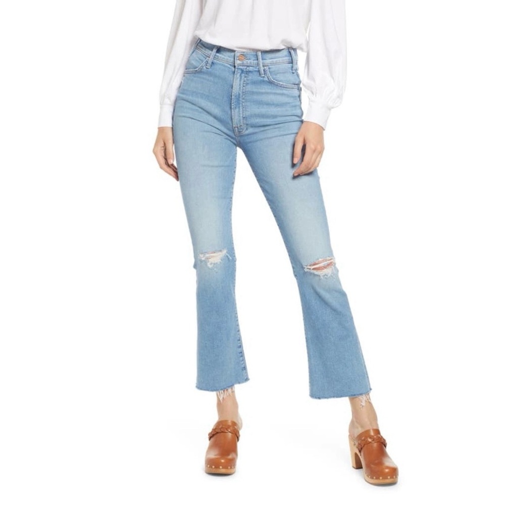 MOTHER The Hustler Distressed Raw Hem Ankle Jeans Thrilling Shots Blue Flare 27